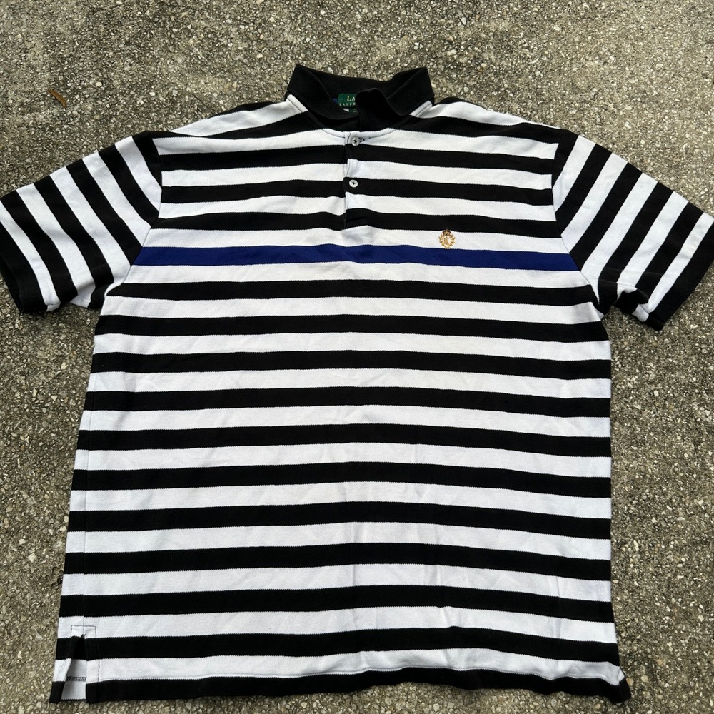 Vtg 90s Lauren Ralph Lauren Mens XL Polo Black White Blue Striped Cotton Crest